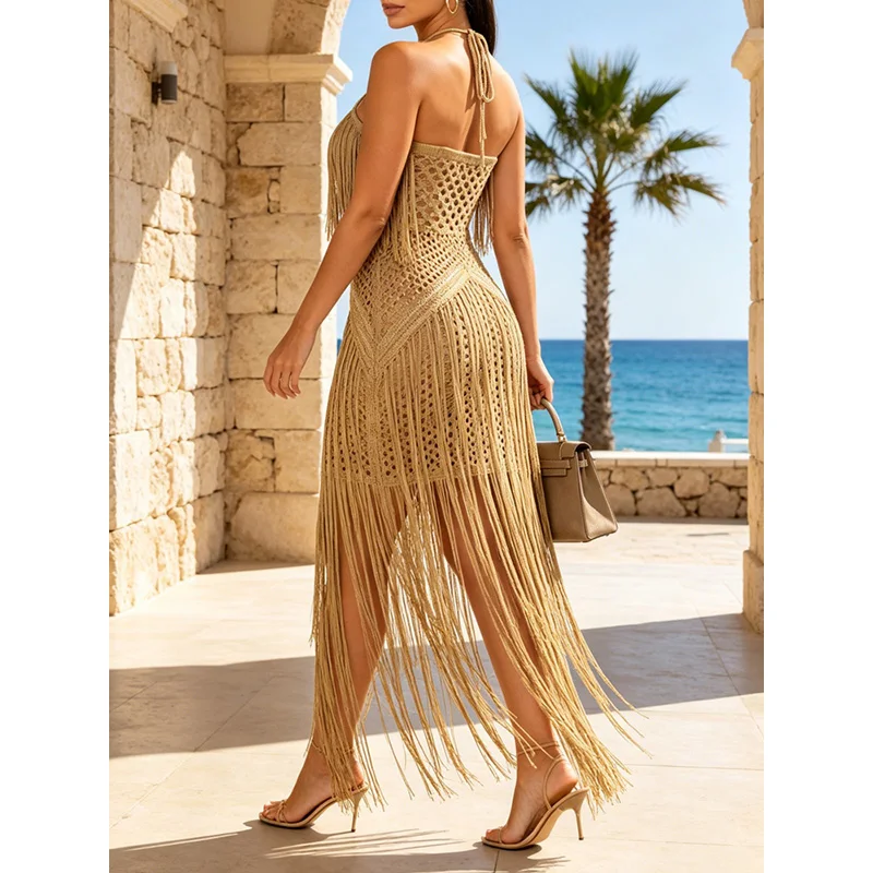 Slergiri Hollow Out Knitted Halter Bikini Cover Up Women Summer Vacation Sexy Backless Tassel Beach Dress Bathing Suit Beachwear