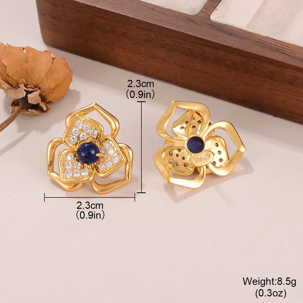Luxury Gold Color Floral Earrings - Blue Stone & Sparkly Zircon Studs for Women, Party & Daily Wear Birthday Ear Charm