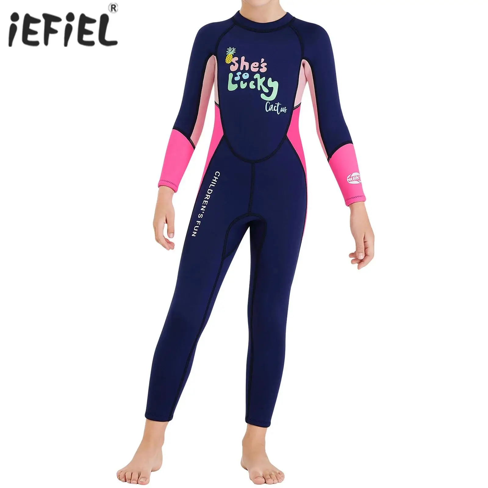 

Kids Girls 2.5mm Neoprene Wetsuit Full Body One Piece Swimsuit Long Sleeves Letter Printed Jumpsuit Snorkeling Surfing Swimwear