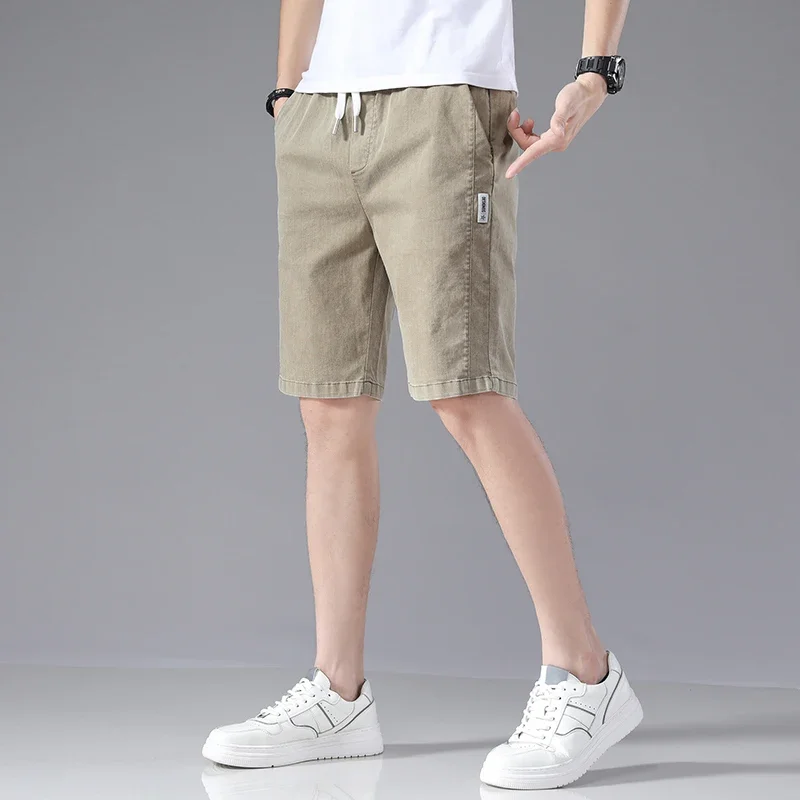 Summer Denim Shorts Men Soild Breathable Cotton Drawstring Gym Shorts Relaxed Fit Khaki Running Pants Male