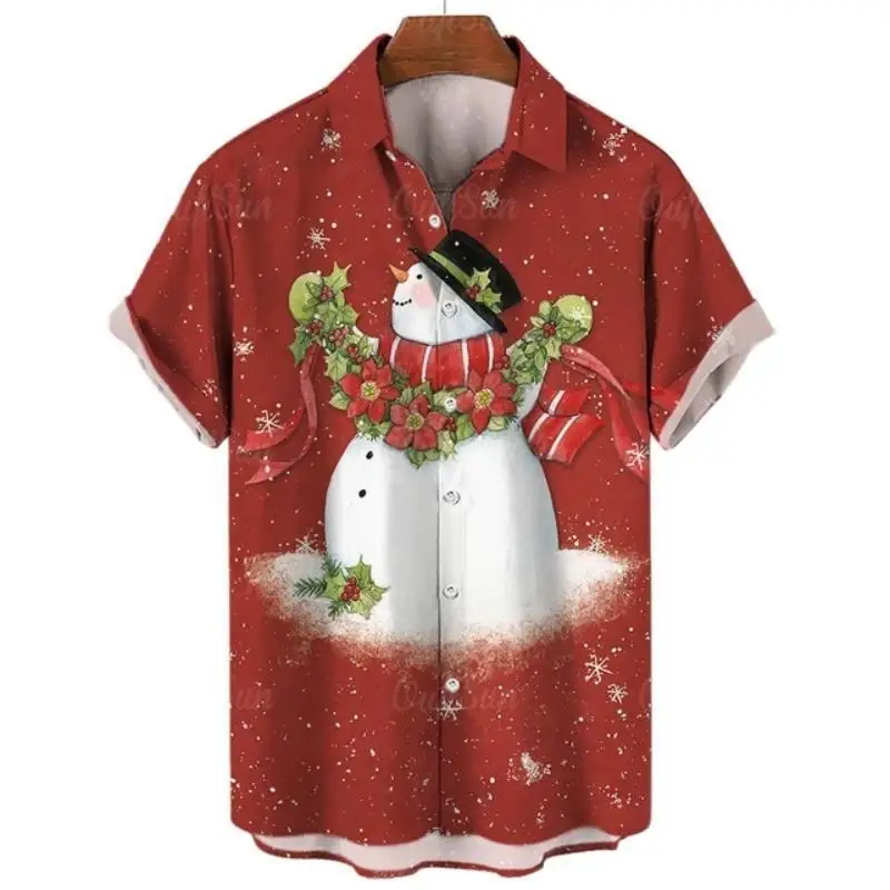 Christmas Red Men'S Shirts Hawaiian Santa Claus Snowman Tree Fashion Casual Short Sleeved Party Summer Tops Oversized Clothing