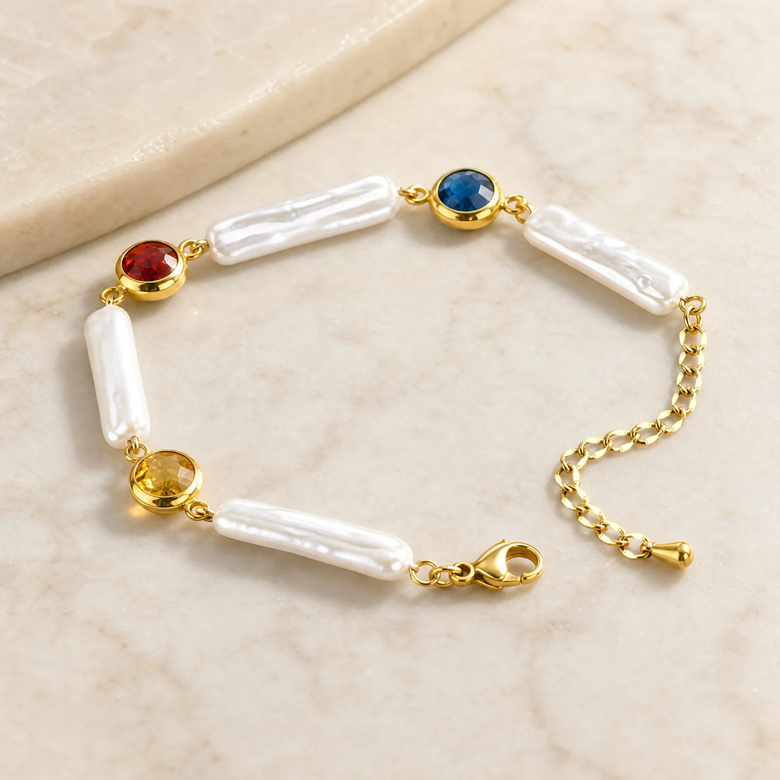 Rechteckiges Perlenarmband für Damen, 18K vergoldeter Edelstahl, farbiges CZ-Gliederarmband, zierliches Schmuckgeschenk