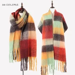 Fashion women stock large oversize plaid winter scarf cape oblong chunky fluffy scarf with tassel