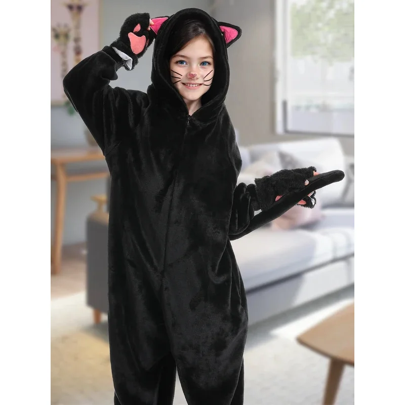 Pijama de mono negro de felpa suave para niñas con guantes y pegatinas de gato, conjunto de ropa de dormir cálida de invierno, perfecto para Halloween mb.3