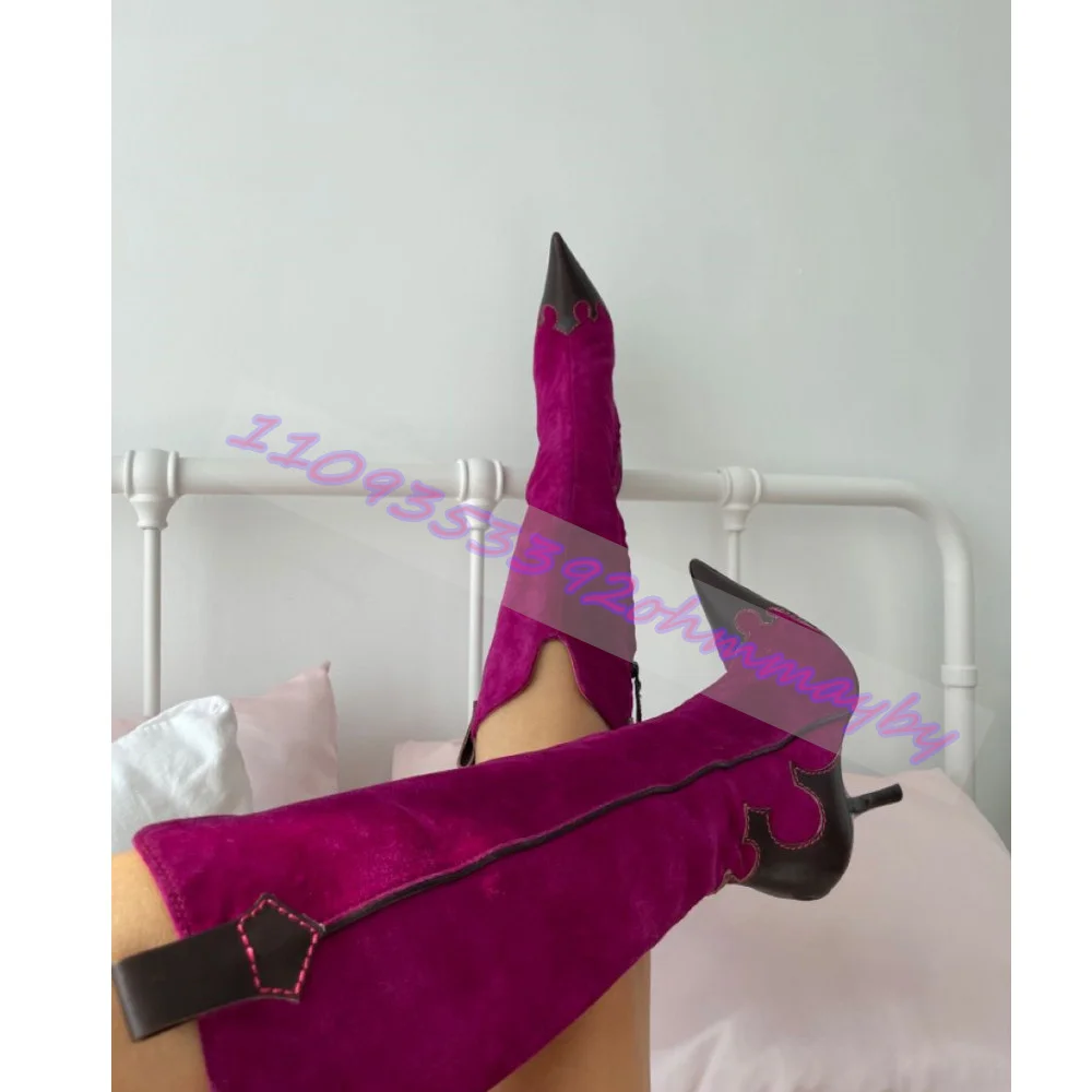 Women Magenta Faux Suede Contrast Trim Cowboy Knee High Boots Pointed Toe Stiletto Side Zipper Western Tall Boots Fashion Boots