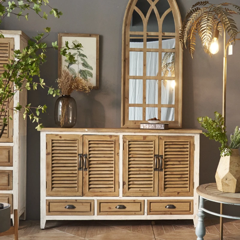 

Retro blinds multi-layer shoe cabinet living room dining side cabinet multi-function solid wood storage with drawers