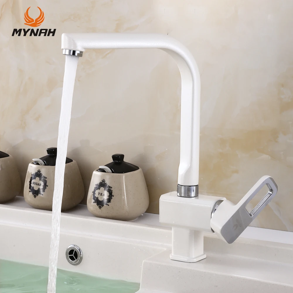 MYNAH 흰색 주방 싱크대 수도꼭지, 360 도 냉온수 믹서, 단일 구멍 사각형 크롬 주방 수도꼭지 