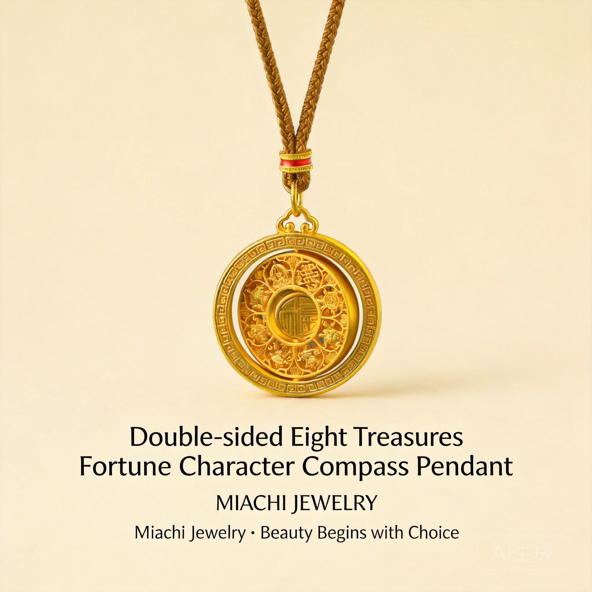 24k Real Gold Plated Double Sided Eight Treasures Fu Character Rotatable Hollow Compass Pendant Retro Chinese Style Lucky Blessi