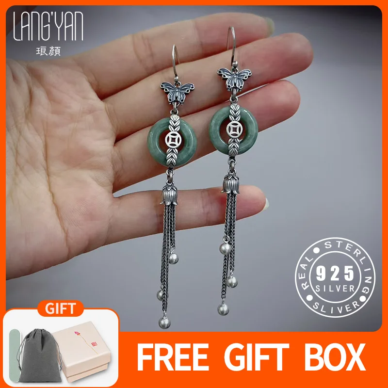 

Langyan Natural Emerald Peace Buckle Earrings Chinese Style 925 Silver Butterfly Long Tassel Dangle Earrings Jewelry Gift EH299