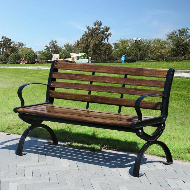 Park chair, iron art, outdoor bench, outdoor anti-corrosion wood plastic, leisure chair, courtyard double backrest, long bench