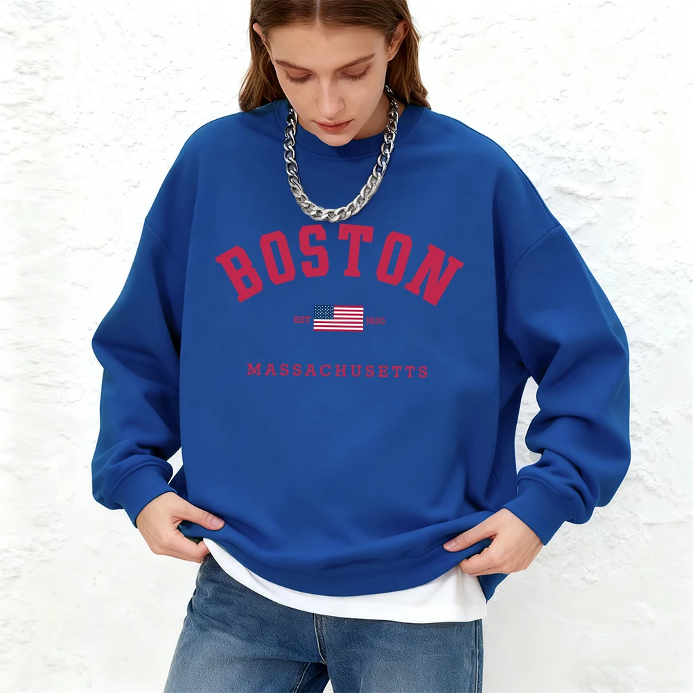 بوسطن ماساتشوستس يطبع بلوزات النساء الشتاء المتضخم هوديي الرياضة Crewneck الدافئة الركض البلوز أساسيات ملابس امرأة #3