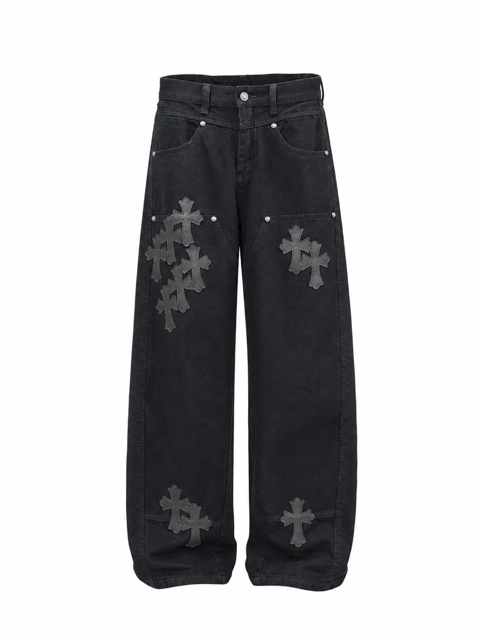 American High Street Washed Cross Stitched Loose Straight Leg Jeans Men's Stylish Trendy Brand Unisex Cotton Geometric Pattern