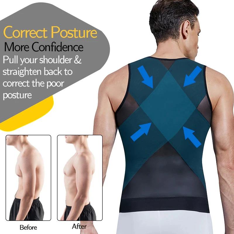 Zipper Front Compression Vest Men Shapewear Corset Body Shaper Tummy Slimmer Undershirt Underwear Top Abdomen Reducing