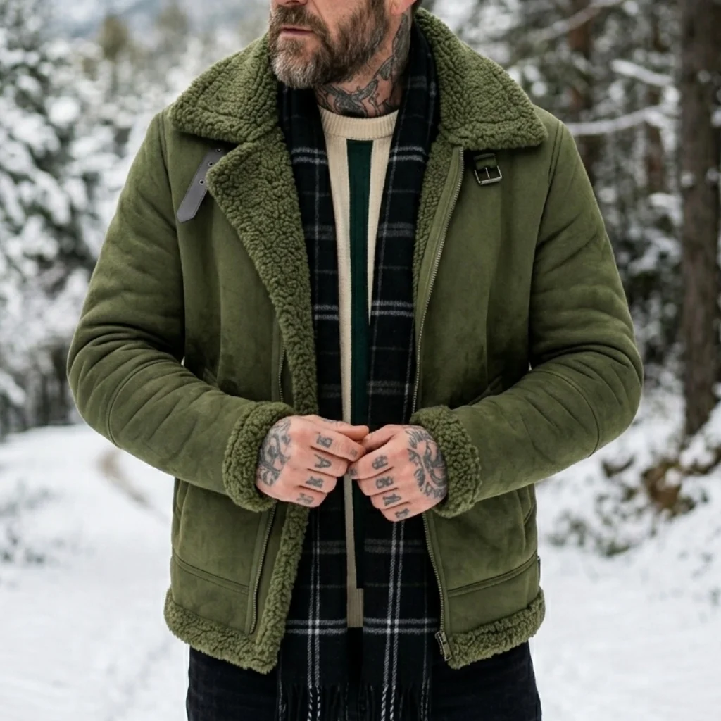 Herren-Winterjacke aus Kunstwildleder mit Fellkragen | Winddichter Streetwear-Mantel mit Gürtel und Reißverschluss | Dicke, warme Wanderkleidung für den Außenbereich, weich, für Herren – Detail 9
