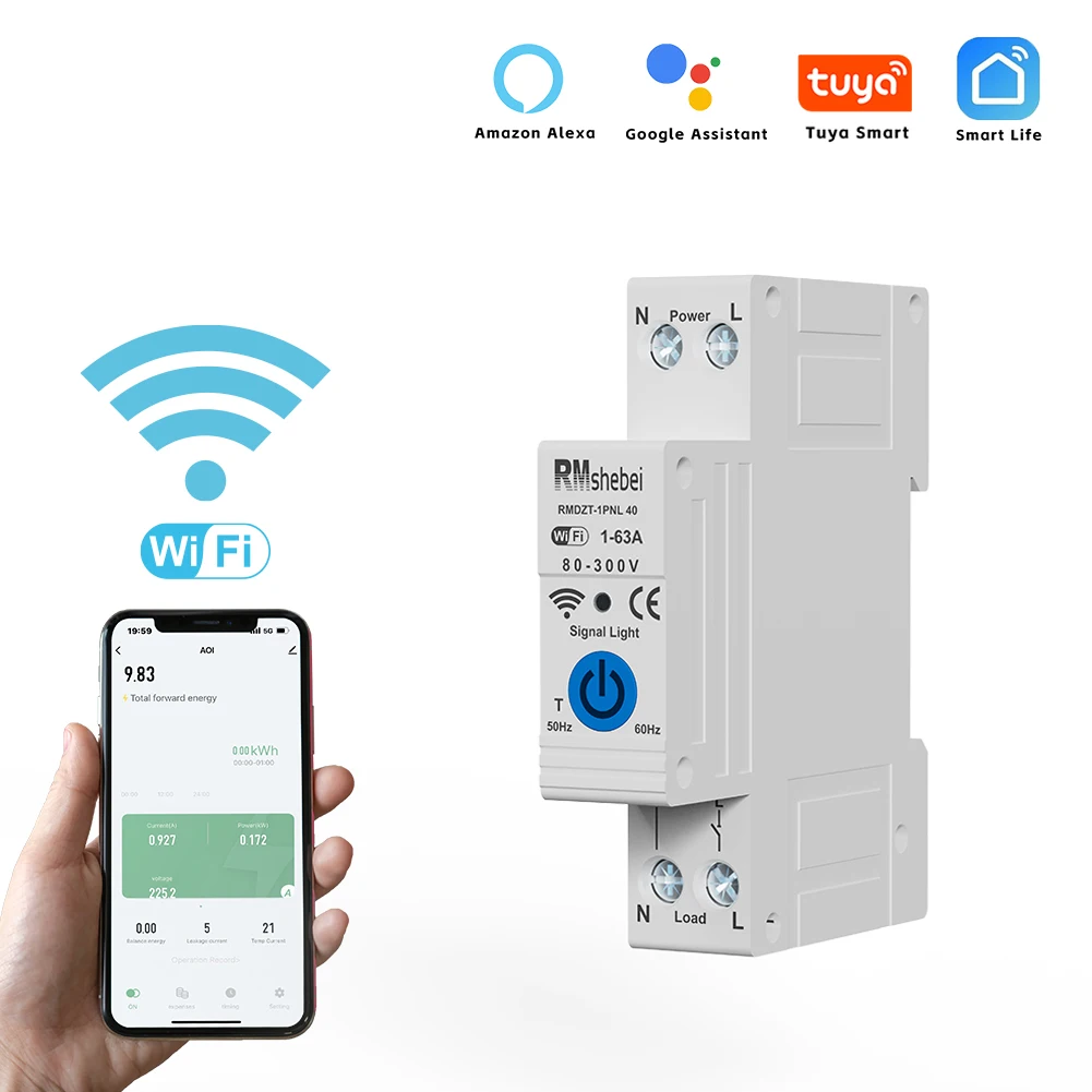 RMshebei Tuya Smart WiFi Circuit Breaker 1P+N 63A Remote Control Timing Switch Temperature Control