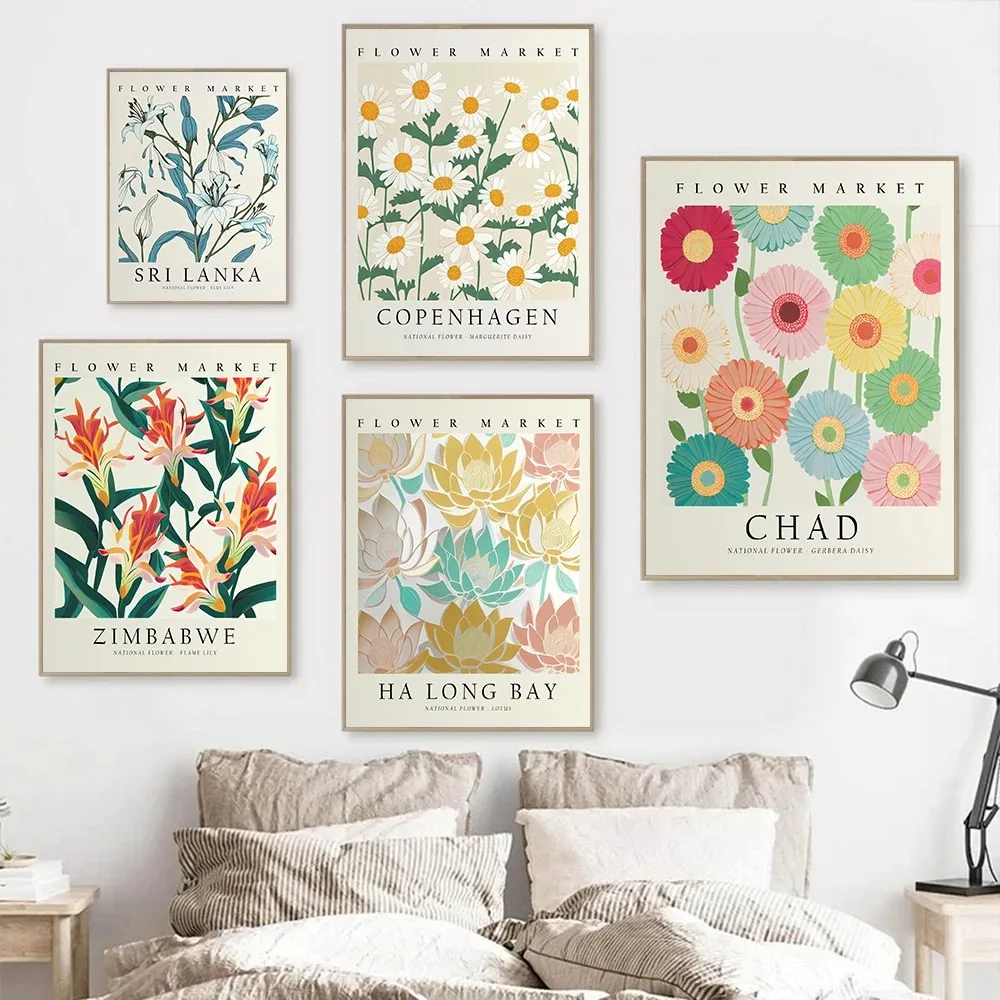 Abstract Yayoi Kusama Artwork Flower Market Vintage Posters Prints Canvas Painting Wall Art Picture Living Room Home Decor