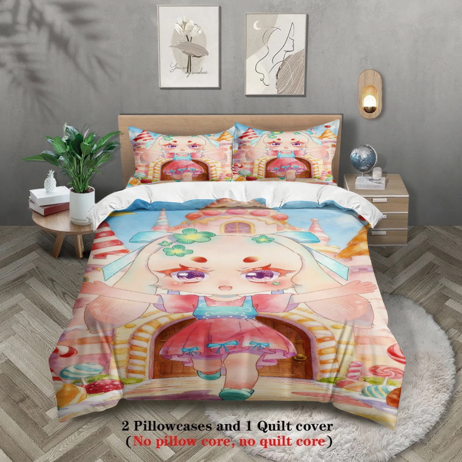 Softville Cozy Town 3PCS Bedding Sets Lop Rabbit Running Candle Castle Pint Duvet Cover No filling Cartoon Style Queen King Size