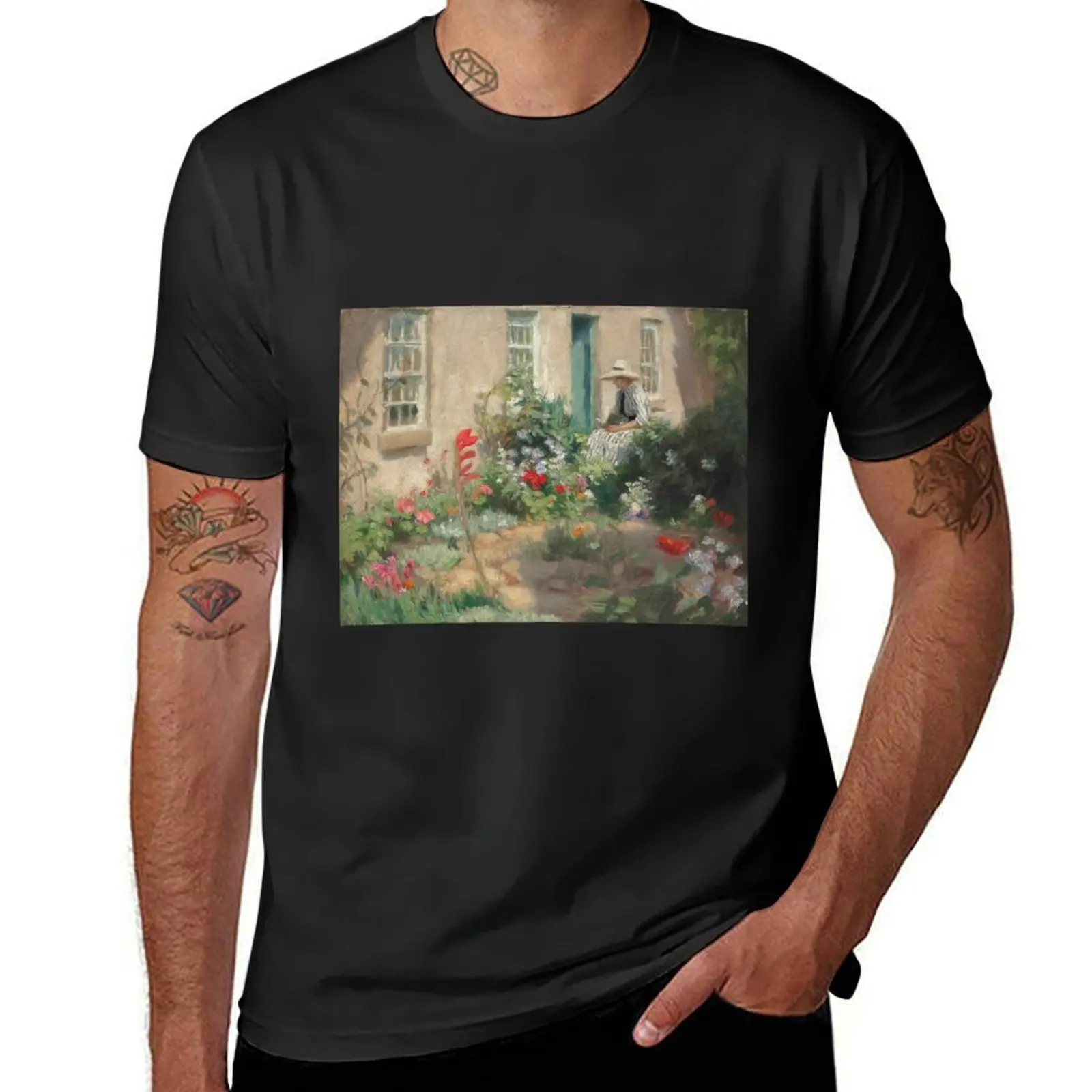 a woman reading in a garden - Harold c Harvey T-Shirt Blouse Short sleeve tee Men's t-shirts