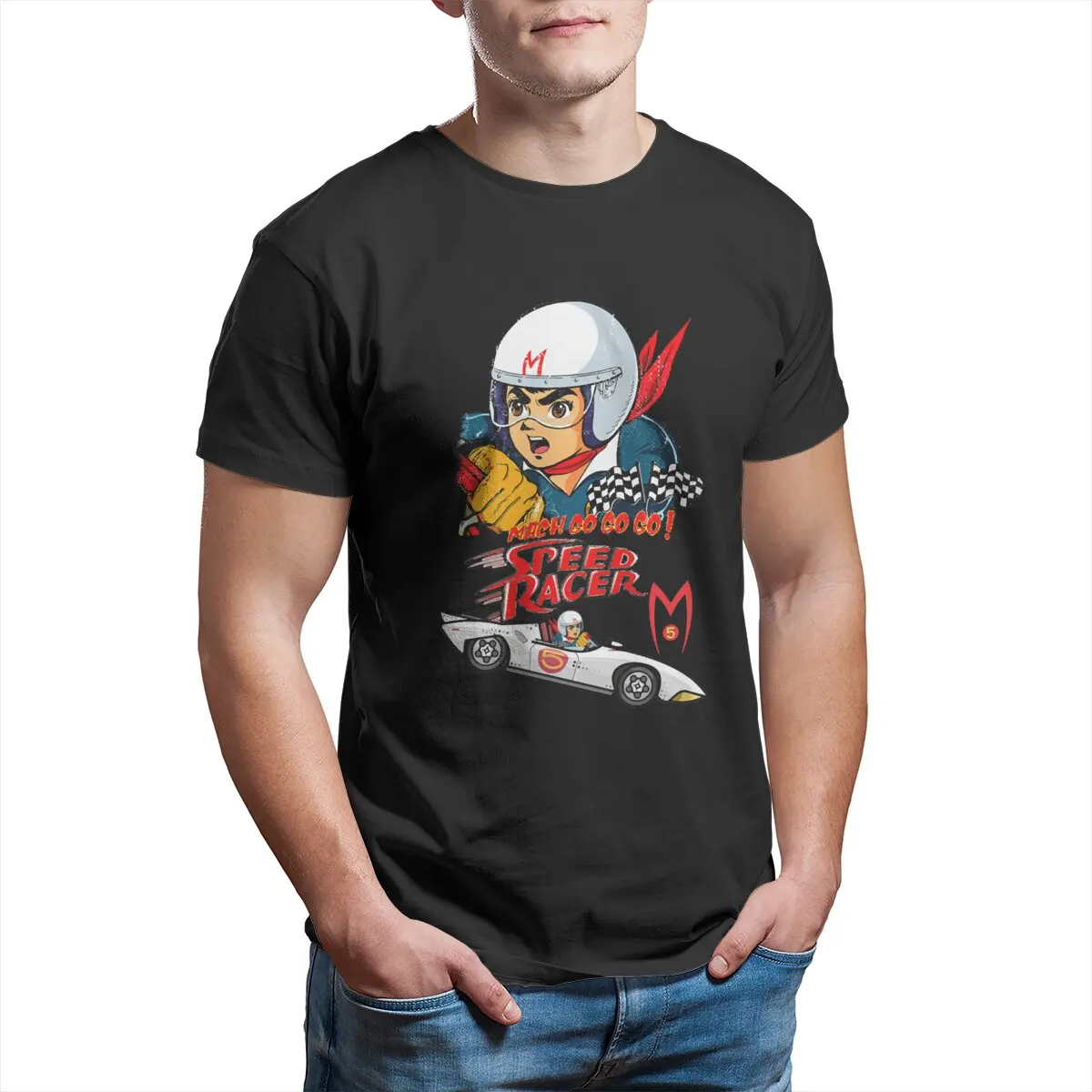 

Go...Go... Go.. Speed Racer mach 5 anime T-Shirts for Men Pure Cotton retor Tees printed T Shirt Gift Idea Tops