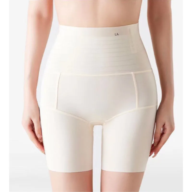 Ice silk high waist tummy lift buttocks shaping safety pants women's breathable nude anti-curl two outfits