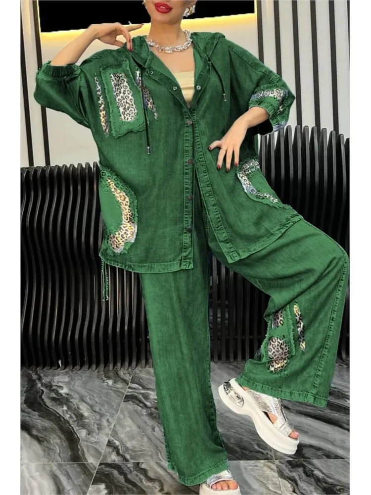 

New Long Sleeve Single-Breasted Chic Outfit Women Hooded Cardigan Top Wide Leg Pants Loose 2 Piece Sets 2025 Autumn Suits