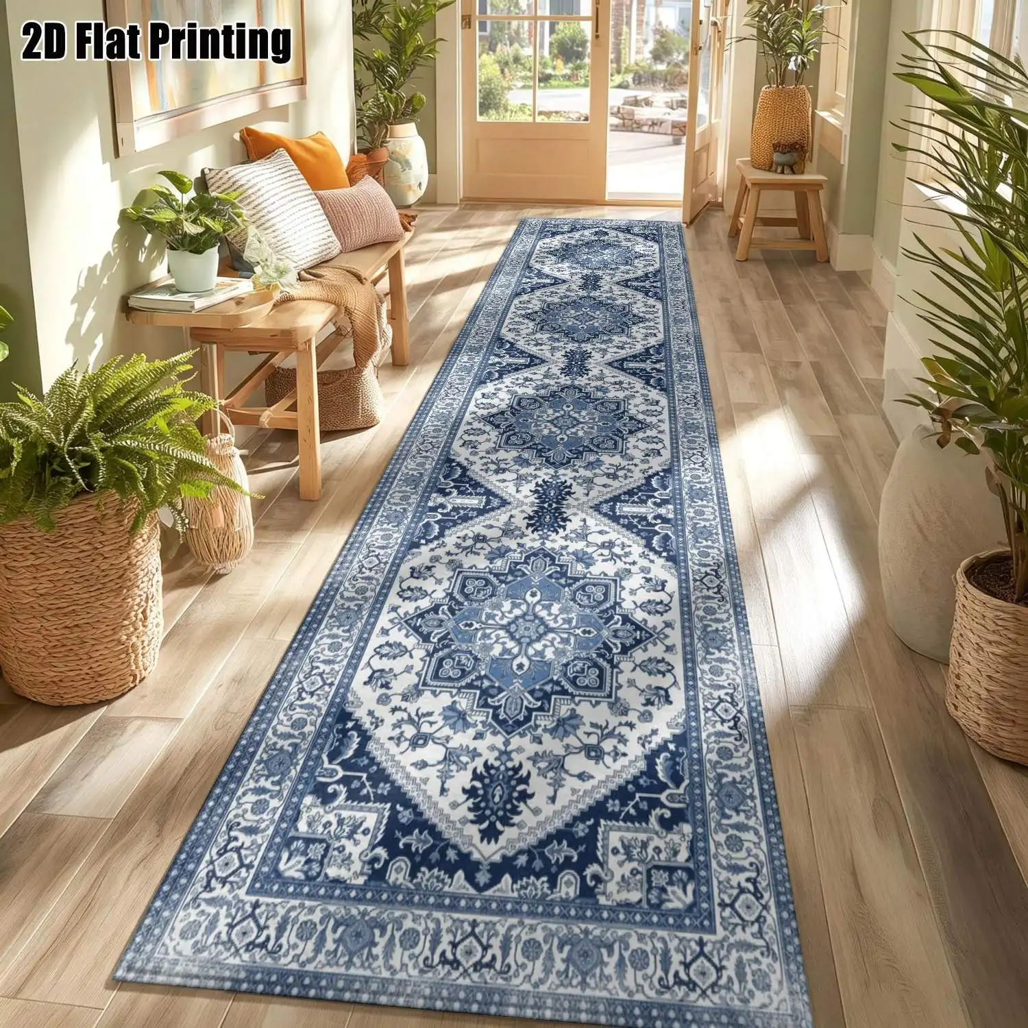 1Pc 2D Printed Strip Runner Carpets: Blue-White Symmetrical Geometric, European, Bohemian, Floral, Simple Geometric Styles Machine Washable, Multi-Size, Home Decor Suitable for Entryway, Hallway, Living Room, Bedroom.