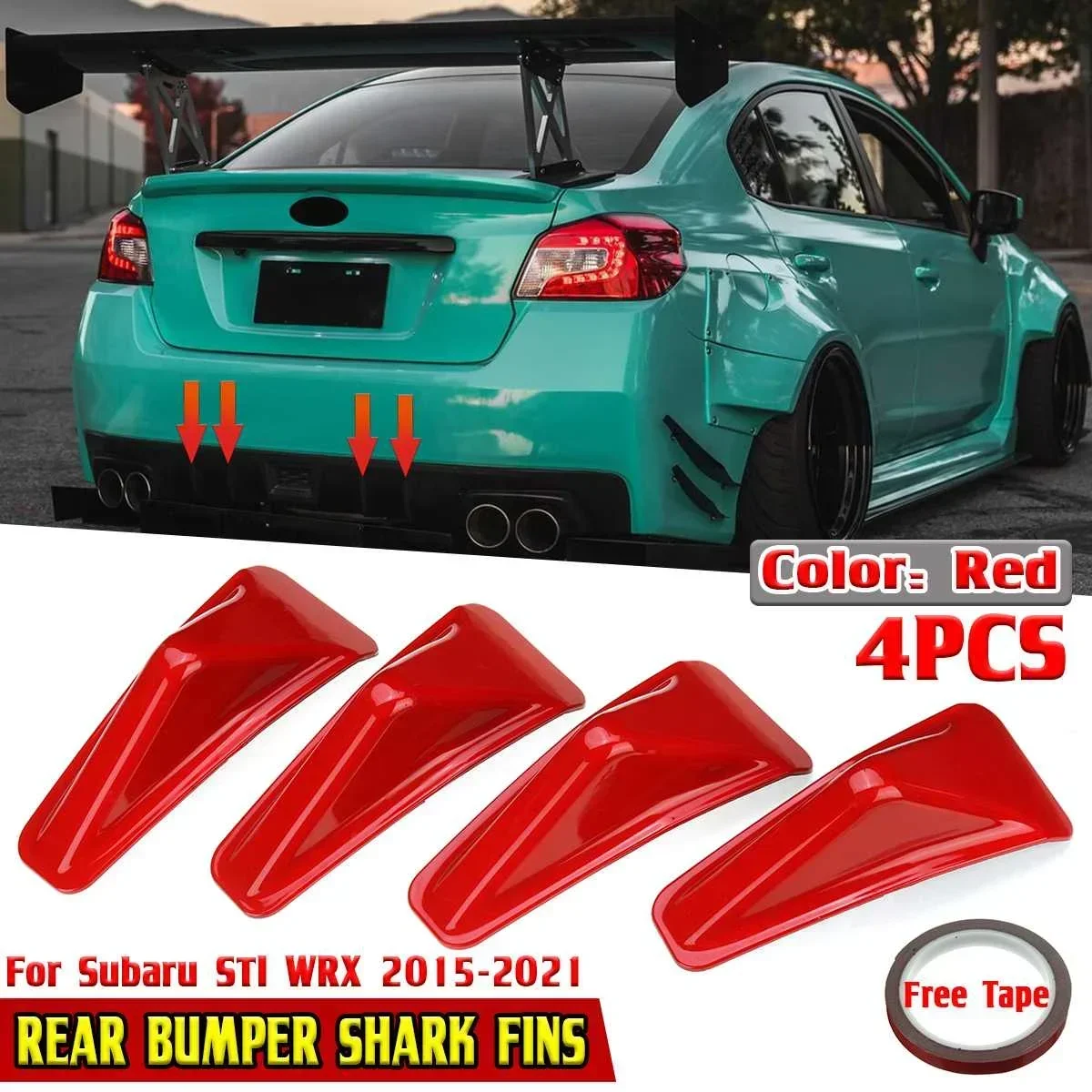 Red/Carbon Fiber Look 4x Car Rear Bumper Lip Diffuser Shark Fins Cover Trim For Subaru STI WRX 2015-2021 Rear Bumper Body Kit