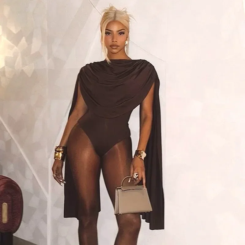 2025年秋 タッセル付きスイングカラーボディスーツ レディース シック エレガント ヒップスター サマーファッション ノースリーブ ワイルド ベーシック ミッドナイト ストレッチトップス