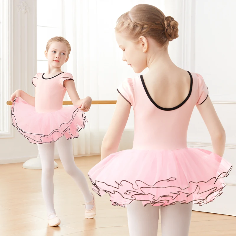 Girls Pink Ballet Leotard with Tutu Short Sleeve Dance Bodysuit for Toddler Girls Cotton Ballerina Wear