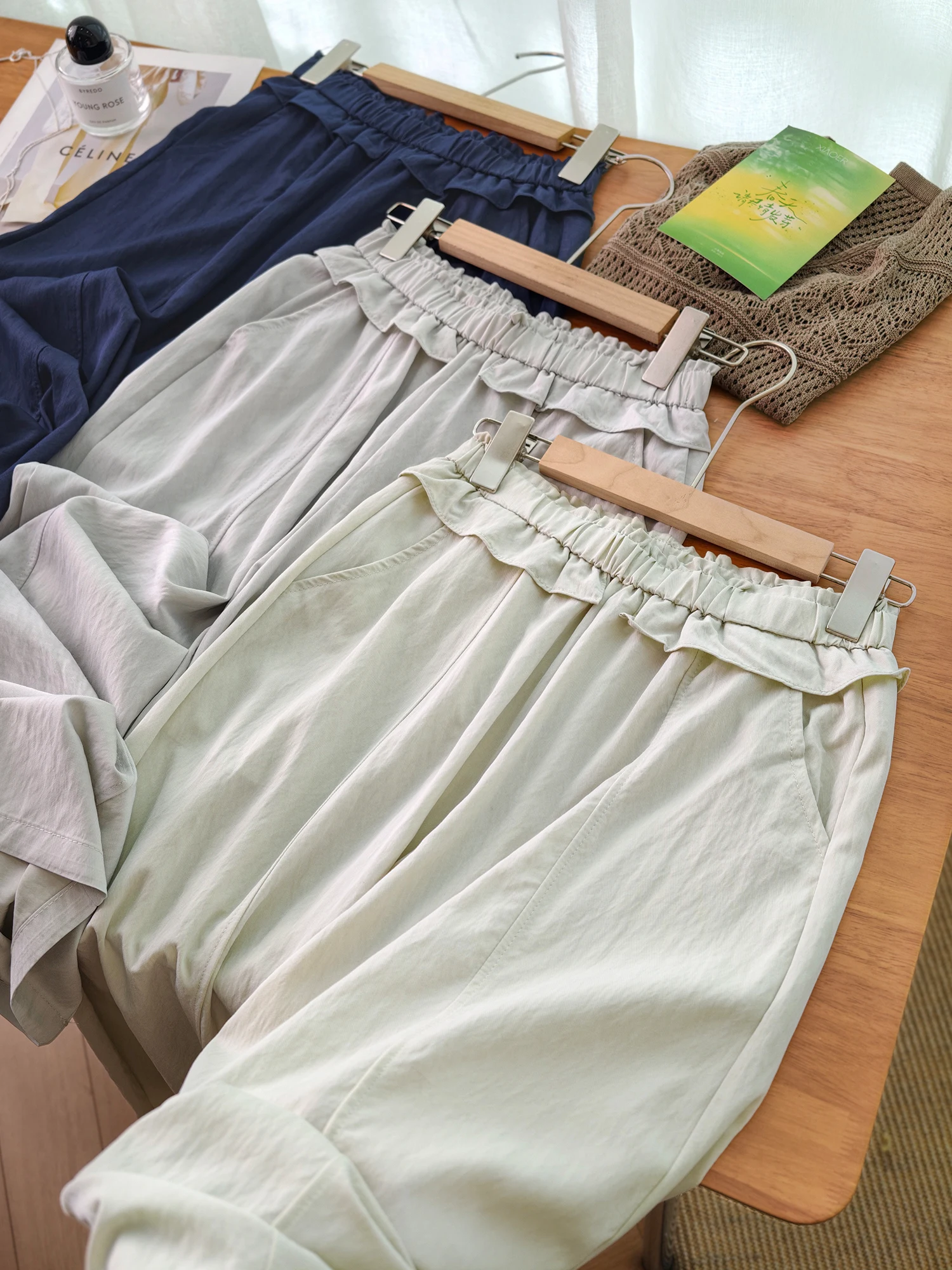 Cool Sensation Smooth Thin Learsel Wood Grain  Pants Straight Leg Casual Trousers for Women Natural Waist Wide Leg