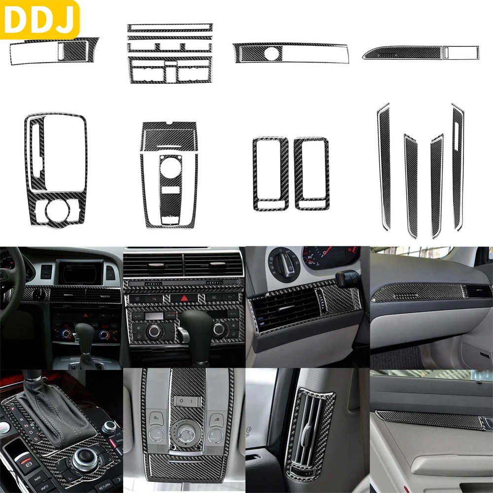 30Pcs Real Carbon Fiber Kits Full Interior Central Control Gear Cover Trim Set For Audi A6 S6 2005 2006 2007 2008 2009 2010 2011