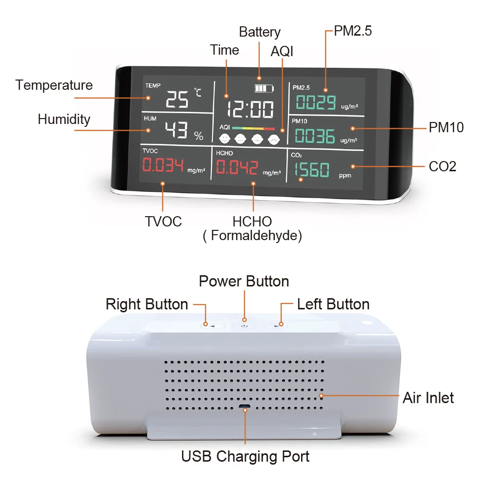 가정용 멀티 가스 센서 온도 습도 테스터, 이산화탄소 품질 감지기 스크린 디스플레이, PM2.5, PM10, HCHO
