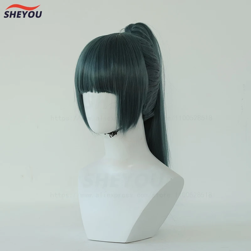 Maki Zenin Cosplay Peruca com Boné e Óculos, Cabelo Sintético, Rabo de Cavalo Verde Escuro, Resistente Ao Calor, Perucas Anime