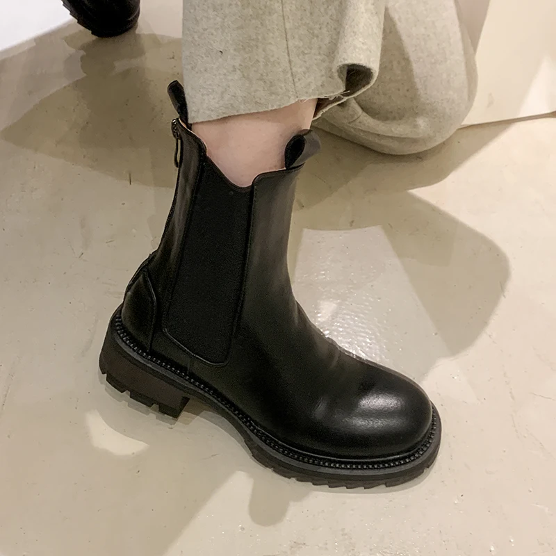 2024 Autumn Women Boots Genuine Leather Platform Heels Chunky Heel Winter Zipper Retro Real Leather Chelsea Boots Women Shoes