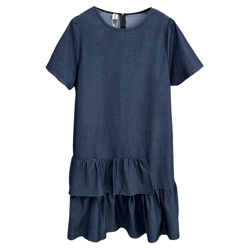 

100KG New Summer Fashion And Casual Style Ruffled Short Sleeve Dress Plus Size Women Stretch Denim Layered Dress 1669