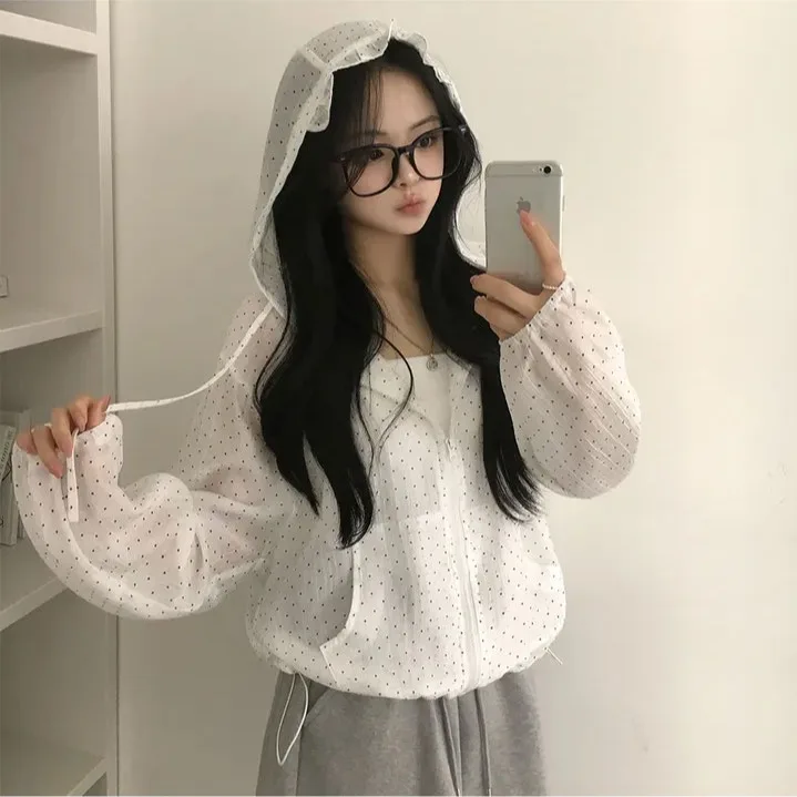 

Chic Polka Dot Printed Loose Casual Women's Hoodie Sun Protection Top Outerwear Spring Autumn Winter Street Sle Korean Faion