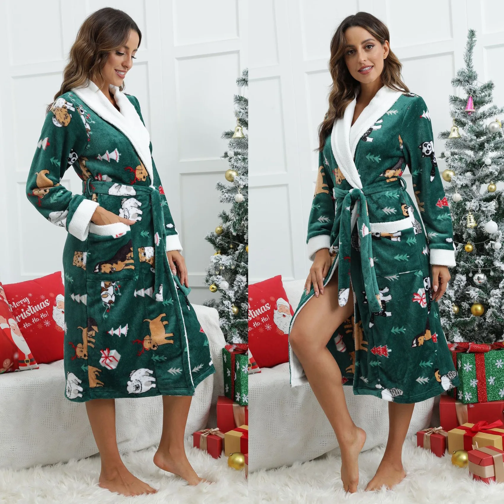 Women Santa Claus Print Flannel Bathrobe New Winter Warm Nightgown Female Thicken Homewear Kimono Loungewear Christmas Robe