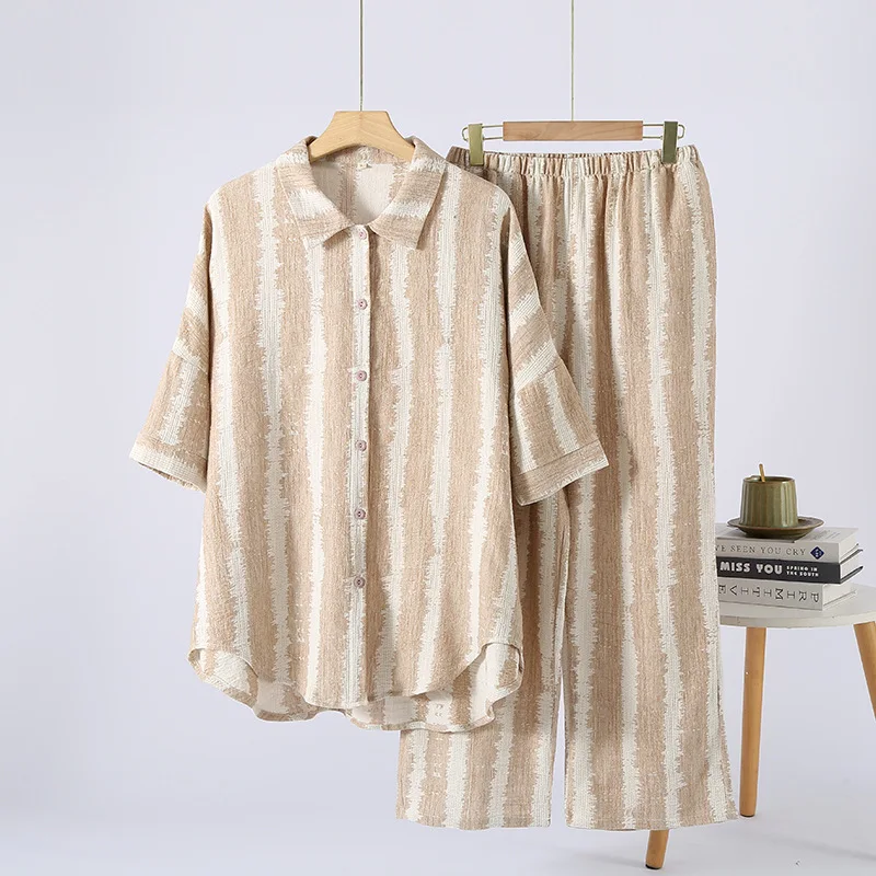 Japanese Pure Cotton Pajamas Women Spring Autumn Classic Striped Long Sleeved Long Pants Home Clothes Two Piece Set Pajamas Suit