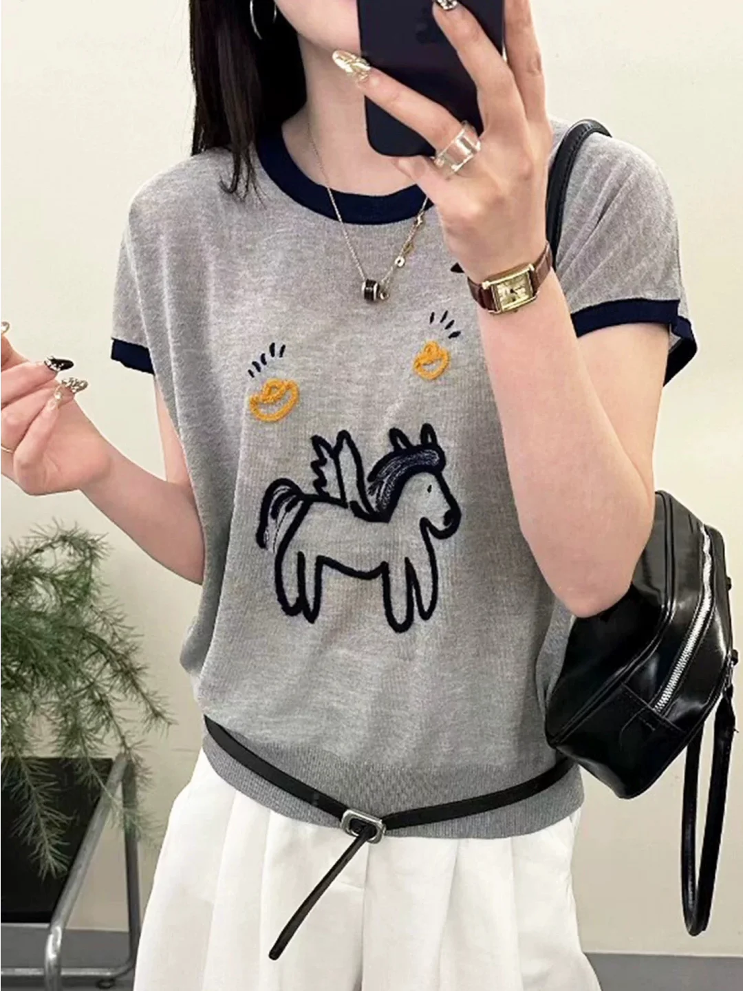 

Elegant round Neck Knitted Short Sleeve T-Shirt Women's Casual Summer Print Top Fashionable Loose Fit Breathable Comfortable