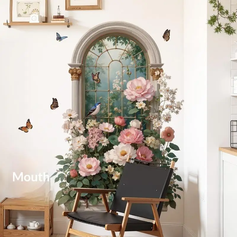 Arched Window Floral Wall Sticker Butterfly Bird Self-Adhesive: Mural Removable Peel Bedroom Living Room Decor