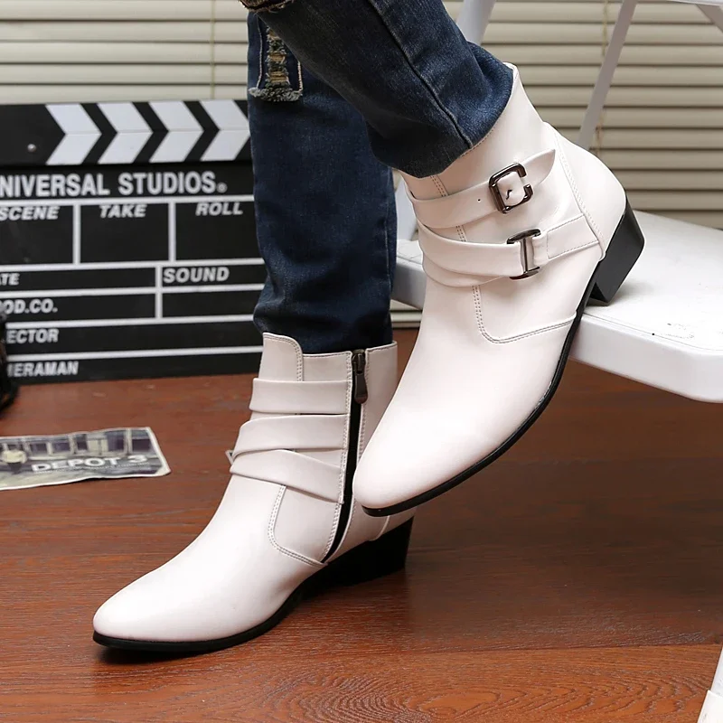 White High-heeled Ankle Boots For Men Classic Buckle Design High Top Dress Shoes Man Comfortable Pointed Toe Men's Leather Boots
