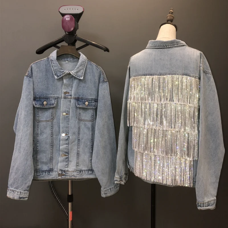 Harajuku Women Rhinestones Tassels Denim Coat Loose Diamonds Beaded Fringed Jeans Jacket Bomber Cowboy Cardigan Tops Outwear