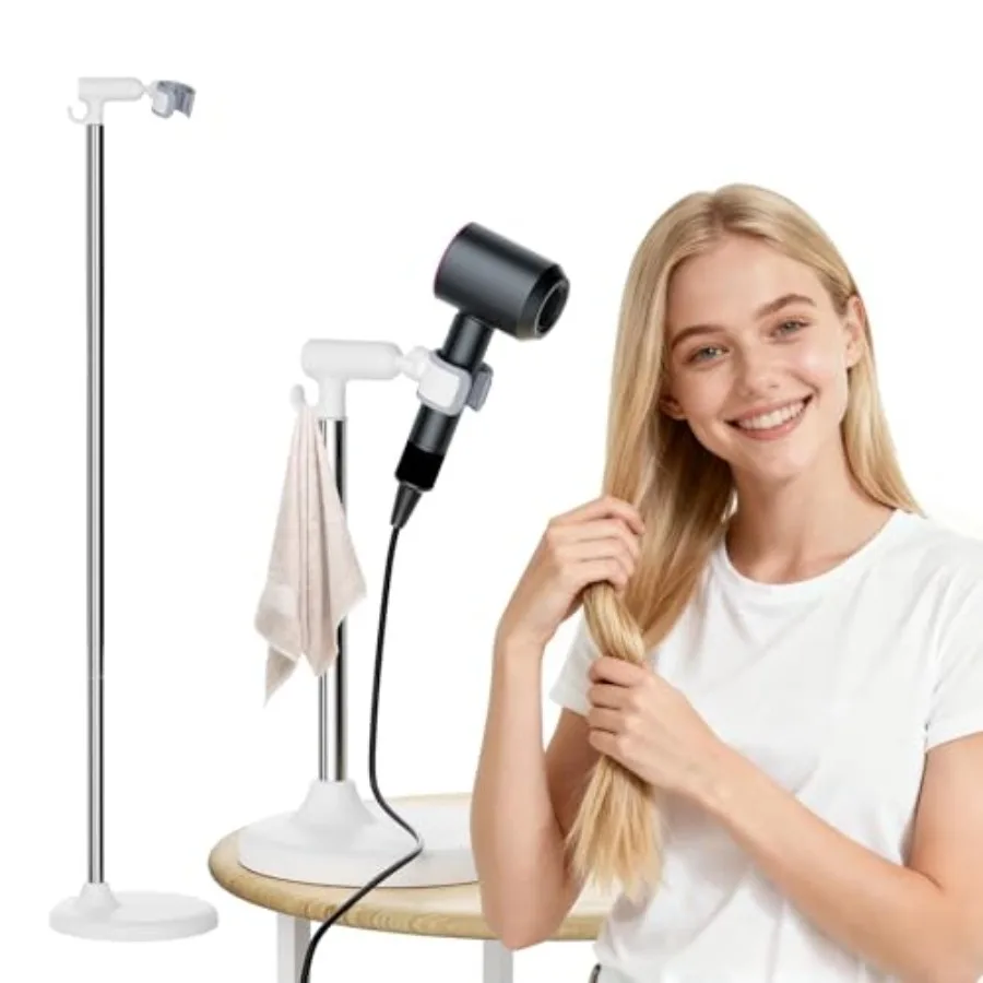 

Hair Dryer Stand with 360 Rotating Head, Hands Free, Large Hook, Heavy Duty Base, Adjustable Height, TPU Padded Clip, Aluminum