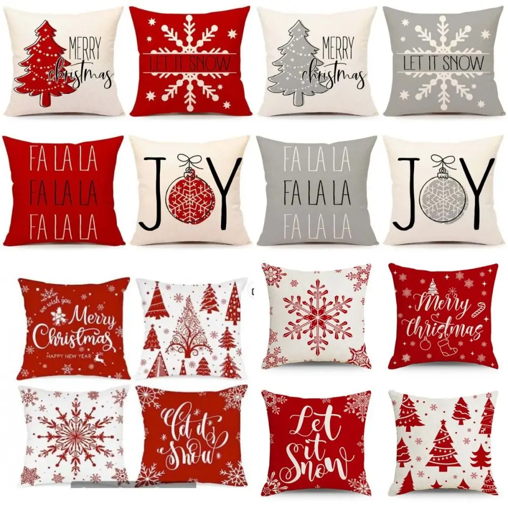 Set of 4 Trendy Christmas Pillow Covers Red White Square Pillowcase 18x18 Xmas Tree Snowflake Pattern Holiday Decor