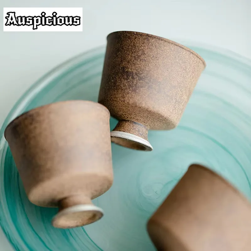 2 قطعة/مجموعة ريترو قديم روك كلاي الشاي النقي اليدوية تتبع الفضة السيراميك كوب صغير عالية القدم ماستر كأس السلطانية تذوق الشاي القدح 35 مللي