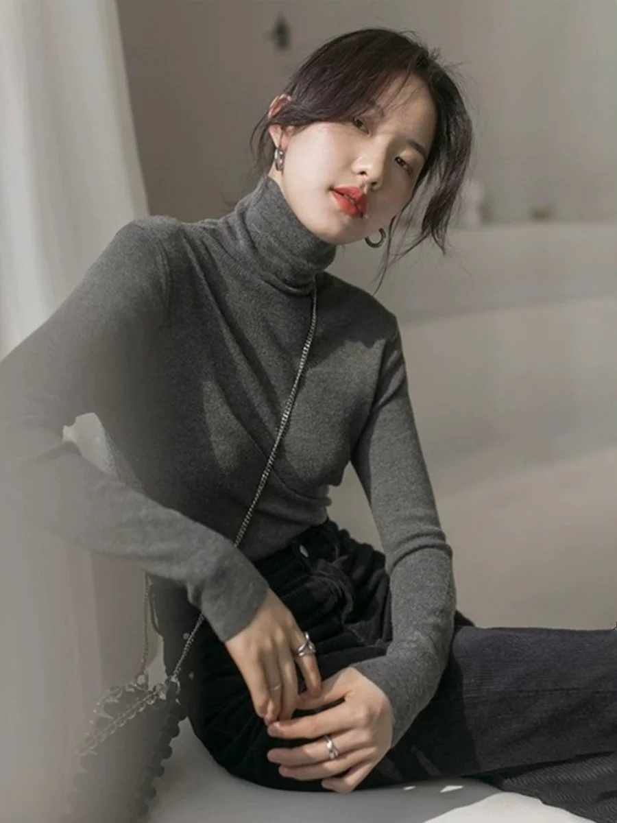 

Женский вязаный базовый свитер с высоким воротником irt Long Sve Crew Ne, облегающий модный свитер на осень-зиму, новая корейская версия