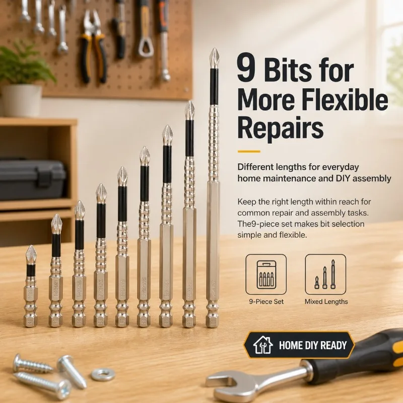 9Pcs PH2 Anti-slip Screwdriver Bits Set, Impact Magnetic Cross Screwdriver Bits for Electric Drill, 25-150mm Length