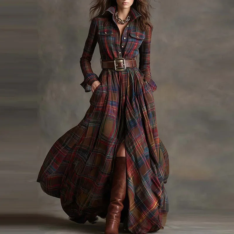 Vestido camisero holgado drapeado con estampado de cuadros Vintage, vestido largo elegante con botones de solapa para mujer, vestido de fiesta informal de manga larga con bolsillo