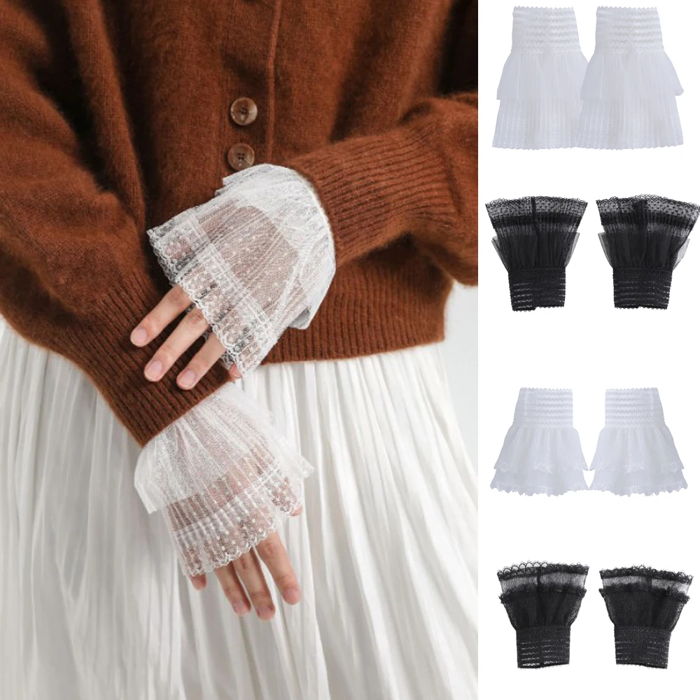 

1Pair Detachable Cuffs Lace Mesh Fake Flared Sleeves Double Layer Pleated Ruched False Cuffs Sweater Blouse Wrist Warmers