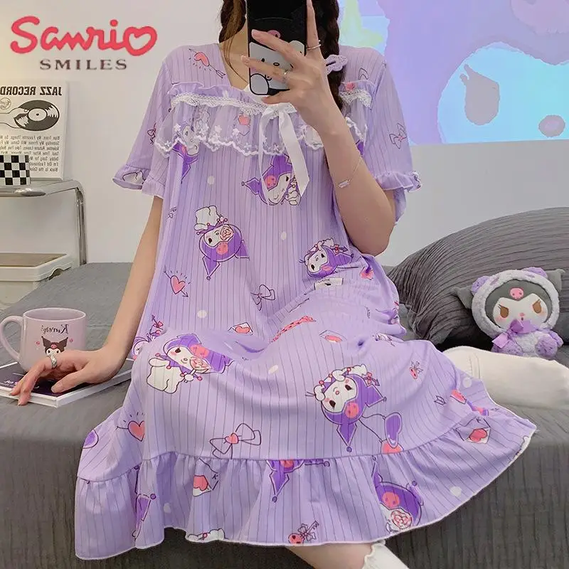 Kawaii Sanrio Anime Summer Home Wear Cinnamoroll Kuromi Adult Ribbon Short Sleeve Pajamas Set Nightdress Cute 2Pcs Girl Gift